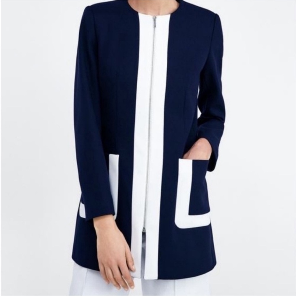 Zara Jacket Womens XL Navy White Full‎ Zip Classic Preppy Academia Office NWT